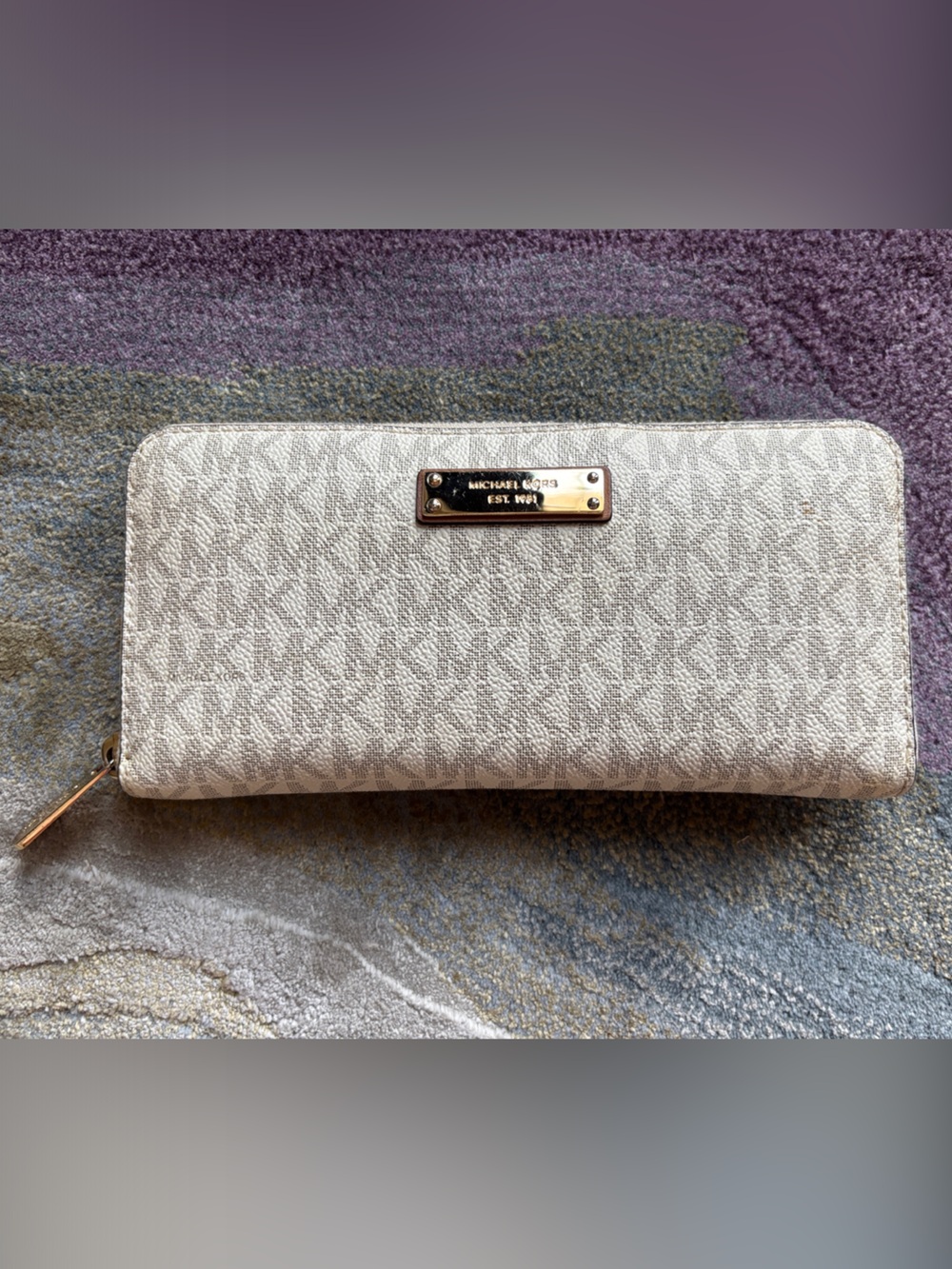 Michael Kors Cream Monogram Zip Wallet with Gold Plaque